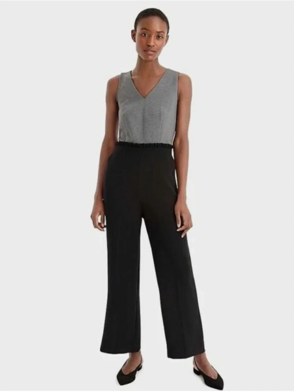 J. Crew Gray Black Sleeveless V-Neck Straight Leg Jumpsuit